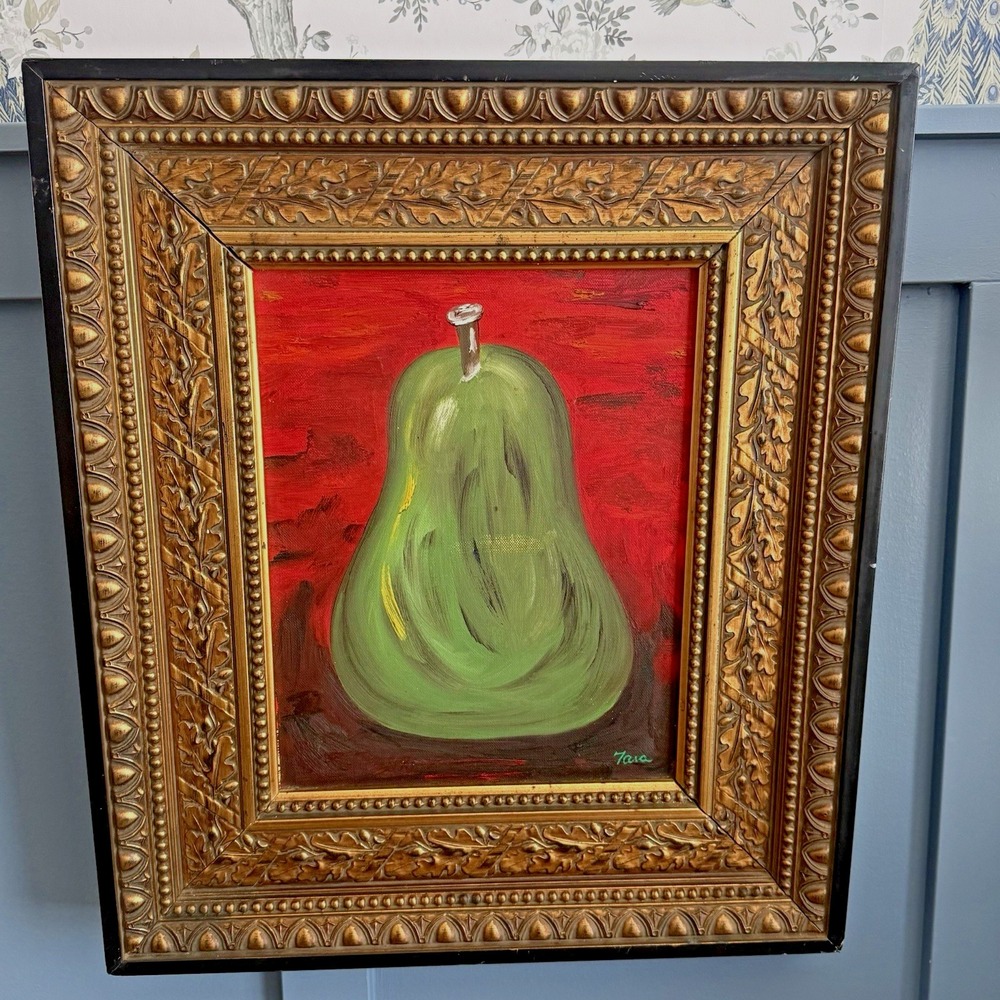 Vintage Still Life Pear Painting Ornate Gold Frame European Wall Art 23 x 20